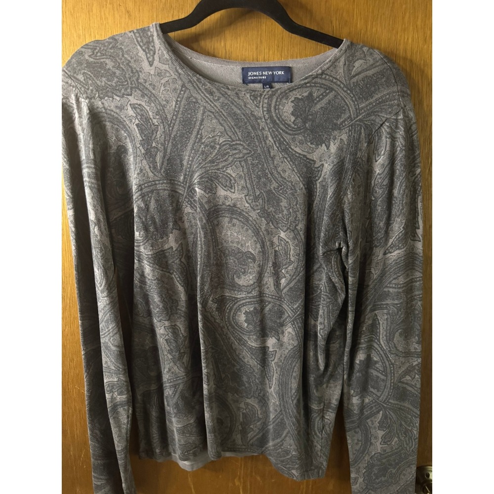Jones New York Signature Womens Grey Paisley Long Sleeve Crew Neck Knit Top L